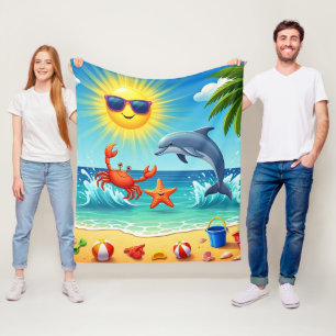 Colourful Summer Beach Crab Dolphin Blue Sky Fleece Blanket