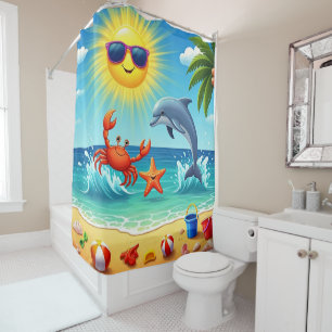 Colourful Summer Beach Crab Dolphin Blue Sky Shower Curtain