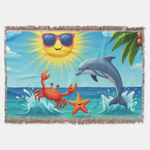 Colourful Summer Beach Crab Dolphin Blue Sky Throw Blanket