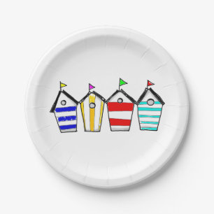colourful summer beach huts paper plate
