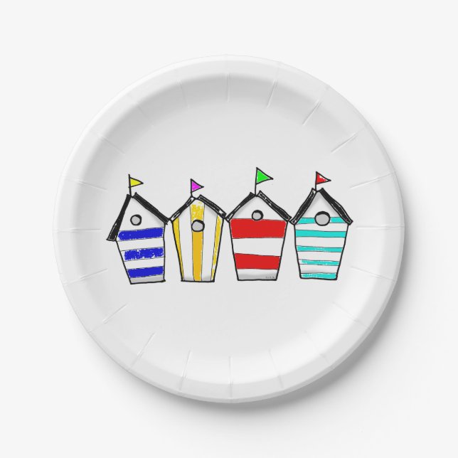 colourful summer beach huts paper plate (Front)