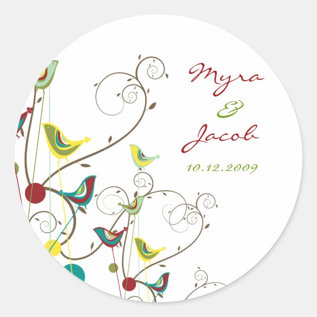 Colourful Summer Birds Swirls Chic Wedding Sticker (Front)