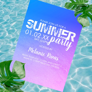 Colourful Summer Birthday Beach Party Blue Pink Invitation