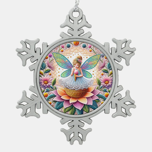 Colourful Summer Fairy Two  Illustration Snowflake Pewter Christmas Ornament (Front)