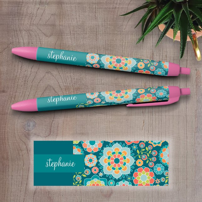 Colourful Summer Floral Pattern Custom Name Black Ink Pen (Custom Pen - Personalize this writing pen with you name, monogram or other text)