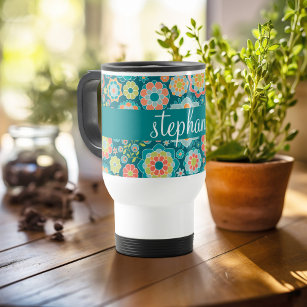 Colourful Summer Floral Pattern Custom Name Travel Mug