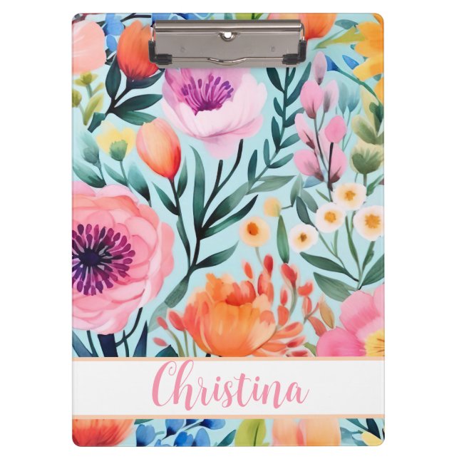 colourful summer flower design with name  clipboard (Front)