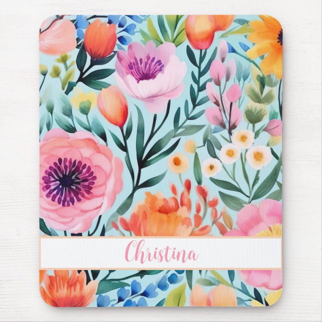 colourful summer flower design with name  mouse pad (Front)