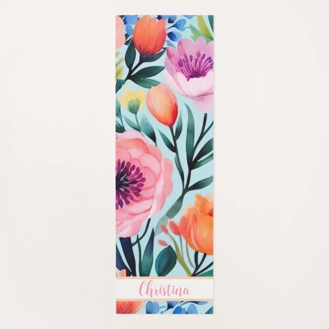 colourful summer flower design with name  yoga mat (Front)