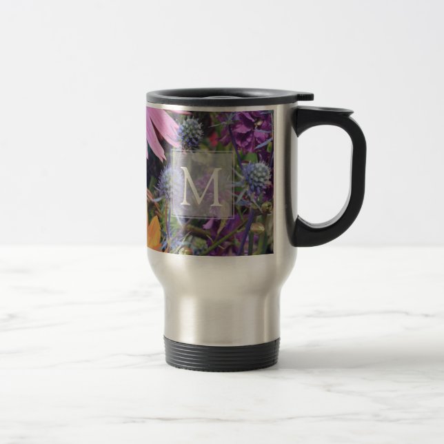 Colourful Summer Flower Garden Monogram Travel Mug (Right)