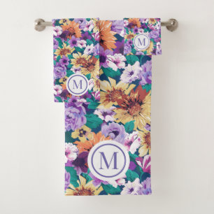 Colourful summer flowers collage pattern bath towel set