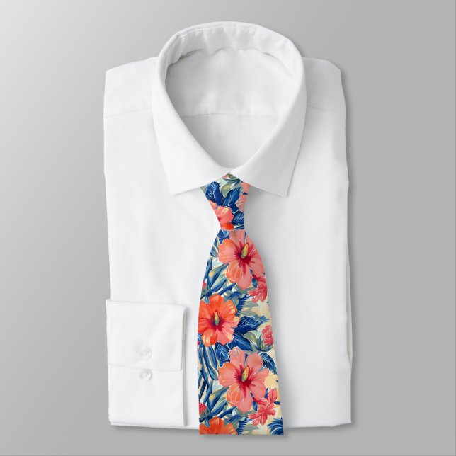 Colourful Summer Flowers Hibiscus Floral Pattern Tie (Tied)
