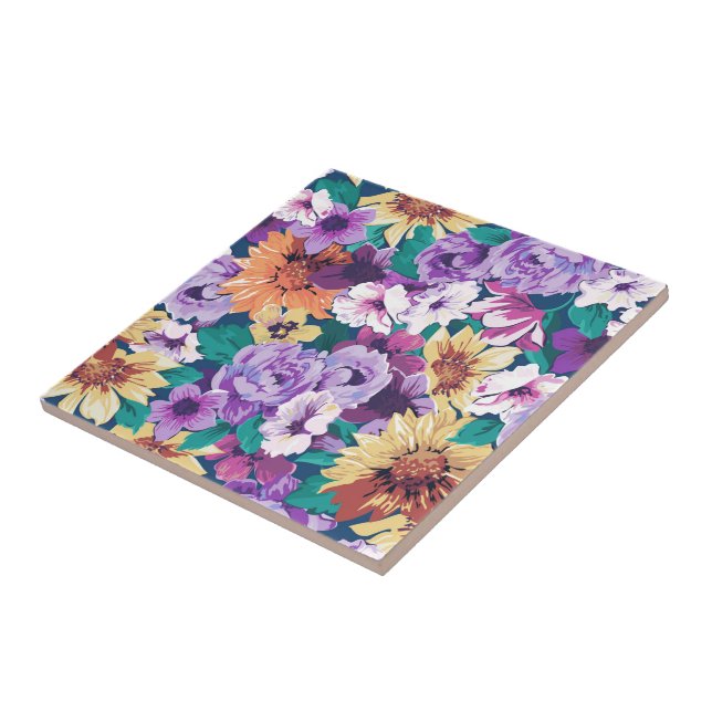 Colourful summer flowers pattern collage ceramic tile (Side)