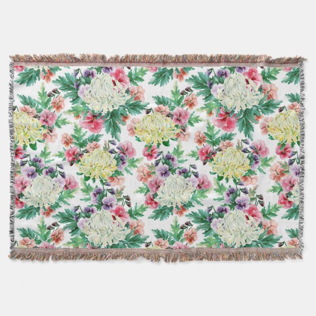Colourful summer flowers pattern throw blanket (Front)