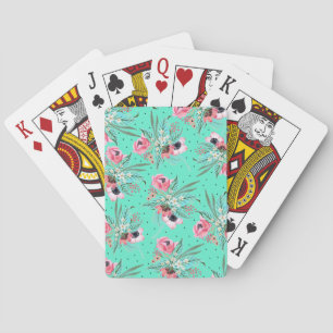 Colourful Summer Flowers Teal Playing Cards