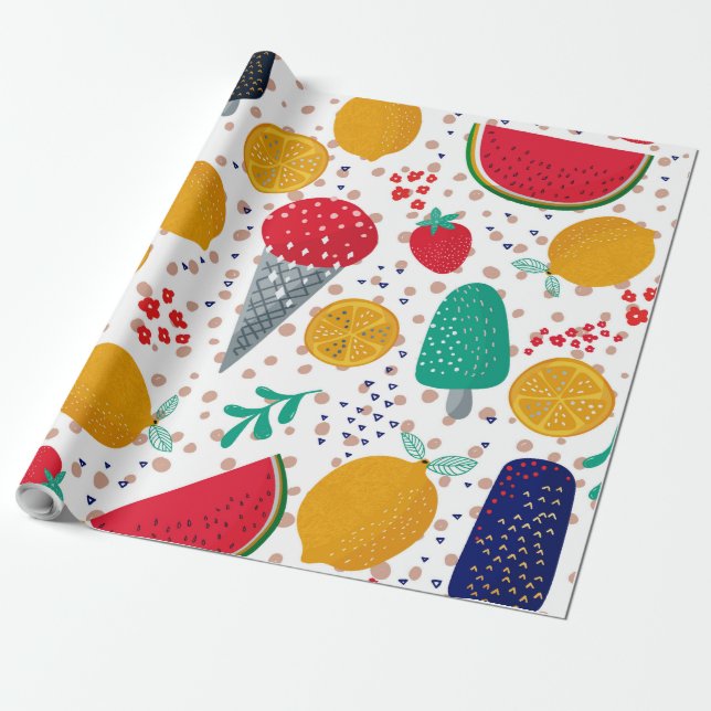 Colourful summer foods & flowers pattern wrapping paper (Unrolled)
