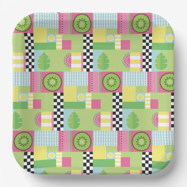 Colourful summer fruit pink green yellow mosaic  paper plate (Front)