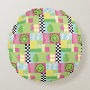 Colourful summer fruit pink green yellow mosaic round cushion