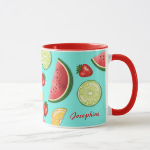 Colourful Summer Fruits On Blue With Custom Name Mug