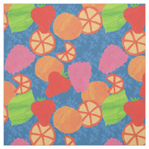 Colourful Summer Fruits Pattern on Deep Blue Fabric