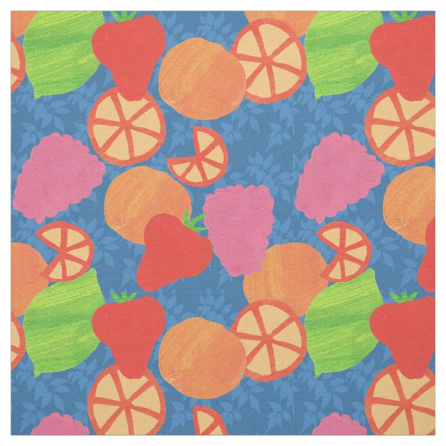 Colourful Summer Fruits Pattern on Deep Blue Fabric (Swatch)