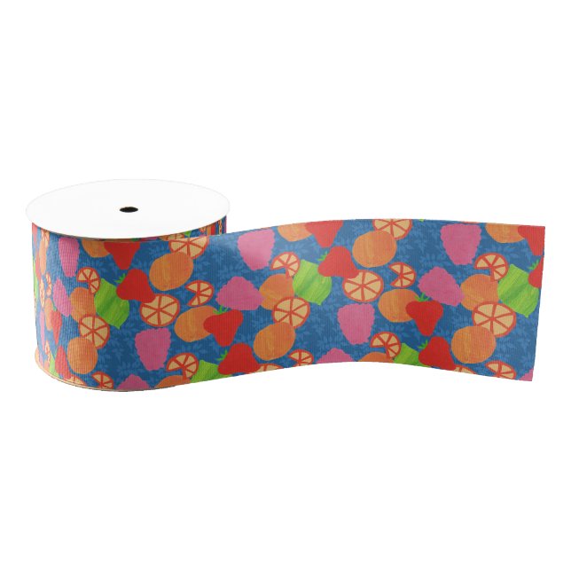 Colourful Summer Fruits Pattern on Deep Blue Grosgrain Ribbon (Spool)