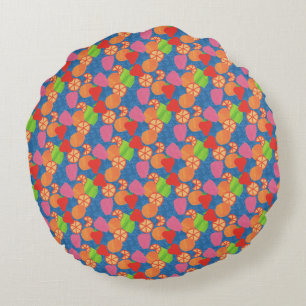 Colourful Summer Fruits Pattern on Deep Blue Round Cushion