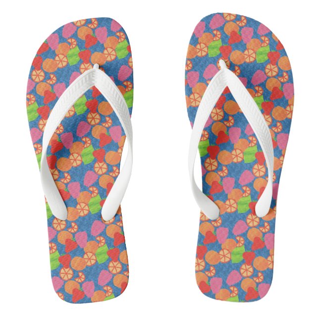 Colourful Summer Fruits Pattern on Deep Blue Thongs (Footbed)