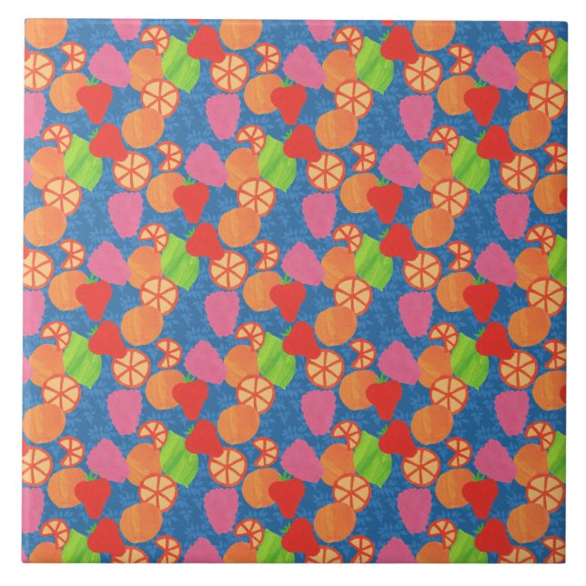 Colourful Summer Fruits Pattern on Deep Blue Tile (Front)
