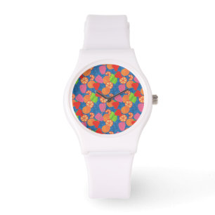 Colourful Summer Fruits Pattern on Deep Blue Watch
