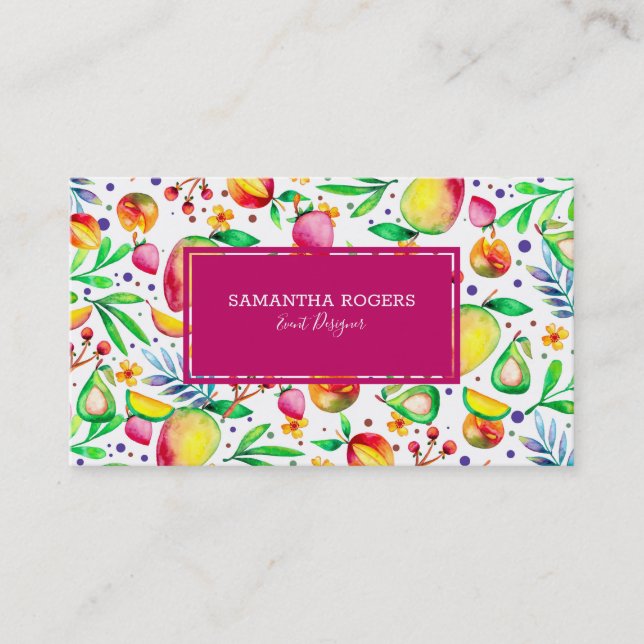 Colourful summer fruits pattern white and purple business card (Front)