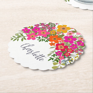 Colourful Summer Garden Flowers Custom Name Paper Coaster
