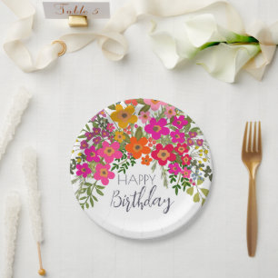 Colourful Summer Garden Flowers Happy Birthday  Paper Plate