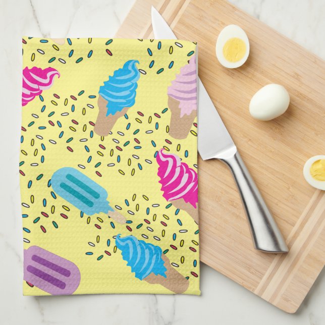 Colourful Summer Ice Cream Pattern Tea Towel (Quarter Fold)