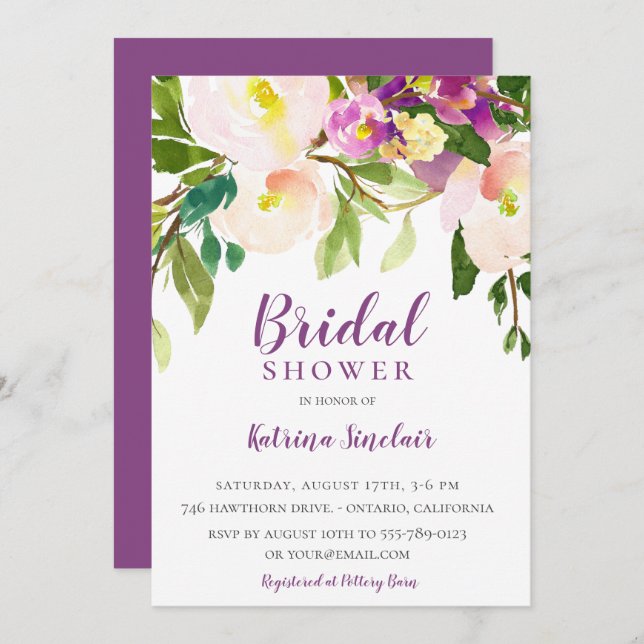 Colourful Summer Purple Floral Bridal Shower Invitation (Front/Back)