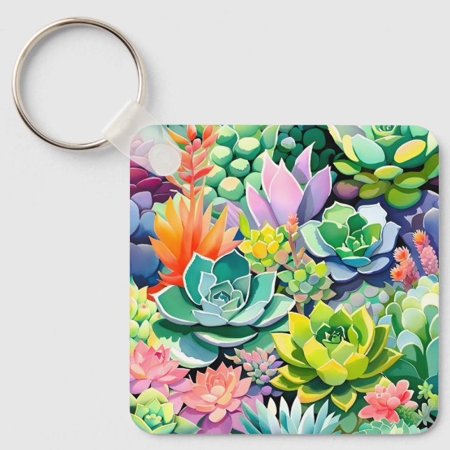 Colourful Summer Succulent Botanical Garden Key Ring (Front)