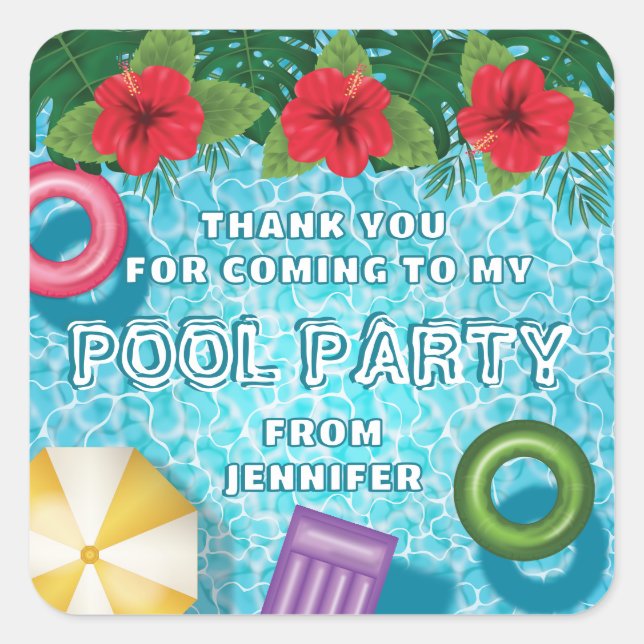 Colourful Summer Swimming Pool Birthday Thank You Square Sticker (Front)