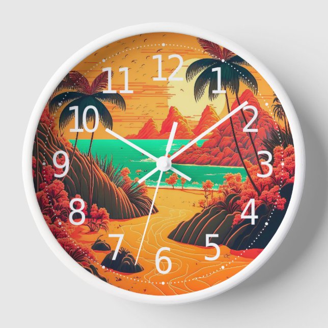 Colourful Summer Tropical Beach Landscape Artwork  Clock (Front)