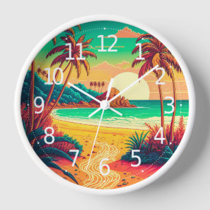 Colourful Summer Tropical Beach Landscape Artwork  Clock