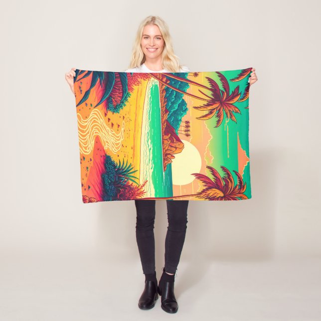 Colourful Summer Tropical Beach Landscape Artwork  Fleece Blanket (In Situ)