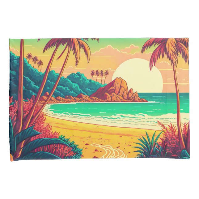 Colourful Summer Tropical Beach Landscape Artwork  Pillowcase (Front-Right)