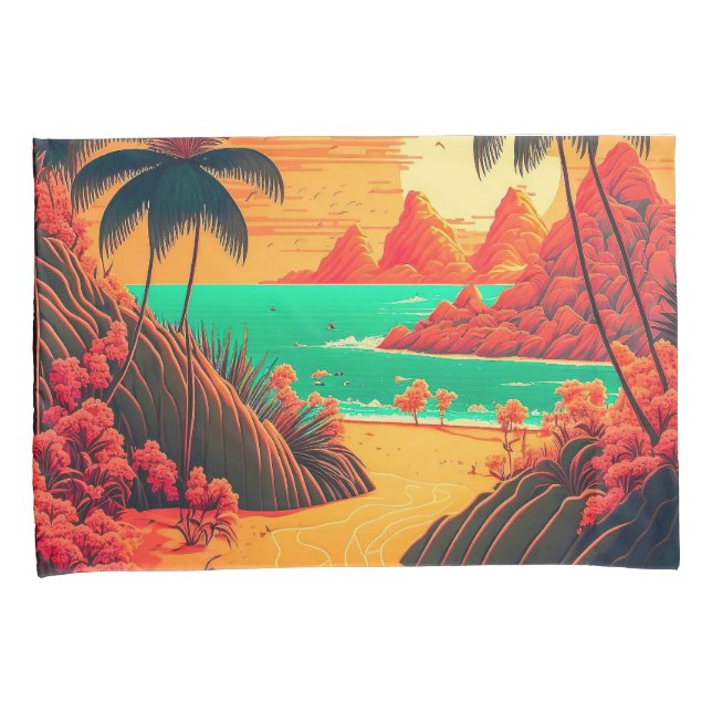 Colourful Summer Tropical Beach Landscape Artwork  Pillowcase (Front-Right)