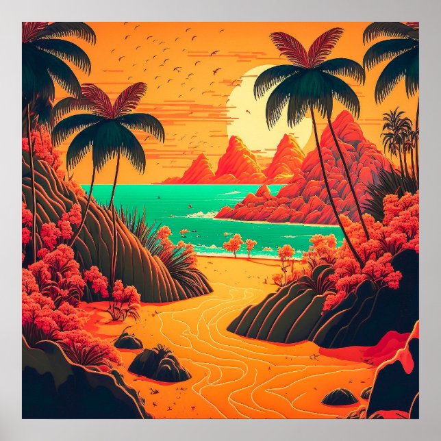 Colourful Summer Tropical Beach Landscape Artwork  Poster (Front)