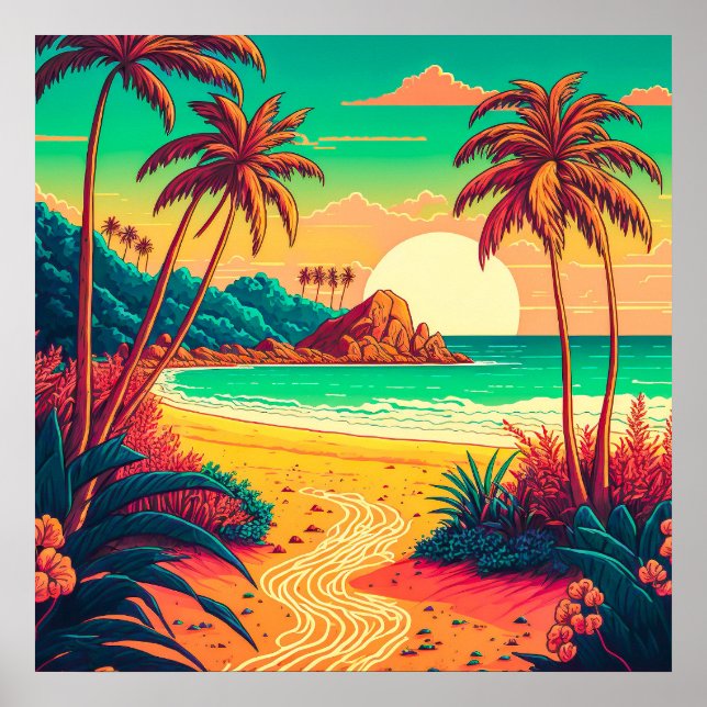 Colourful Summer Tropical Beach Landscape Artwork  Poster (Front)