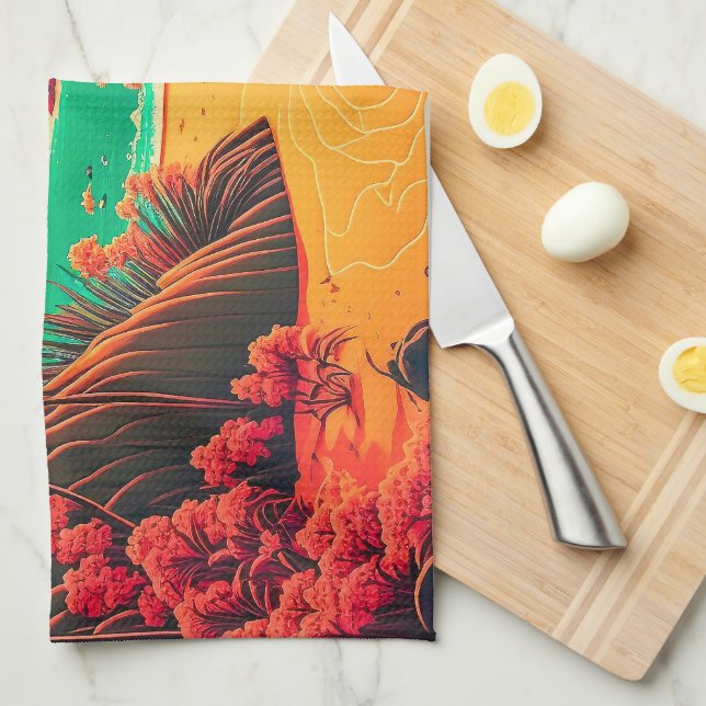 Colourful Summer Tropical Beach Landscape Artwork  Tea Towel (Quarter Fold)