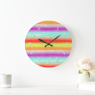Colourful Summertime Watercolor Stripes Pattern Large Clock