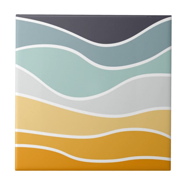 Colourful summery retro style waves ceramic tile (Front)