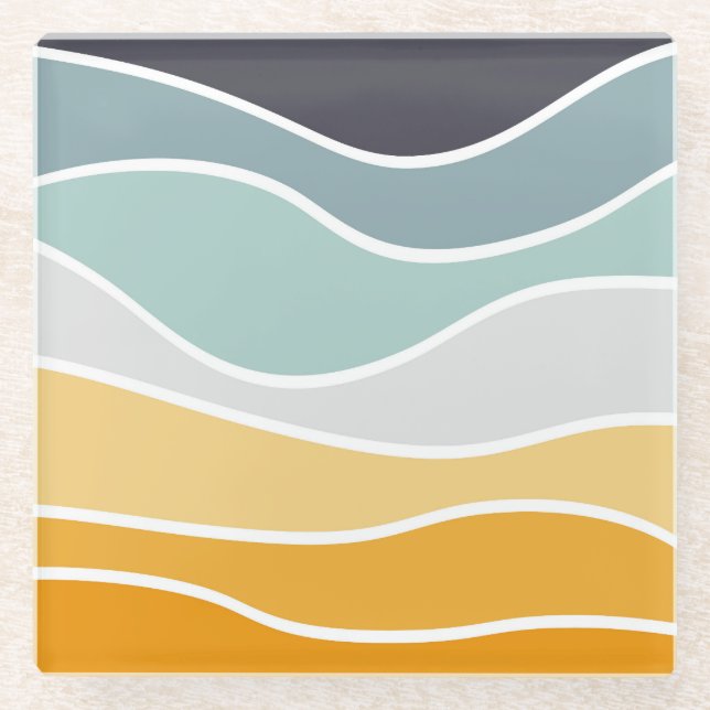 Colourful summery retro style waves glass coaster (Front)