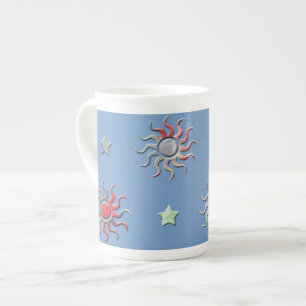 Colourful sun and stars design bone china mug