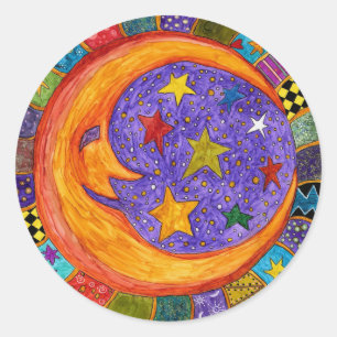 Colourful, Sun, Moon and Stars Coaster Classic Round Sticker